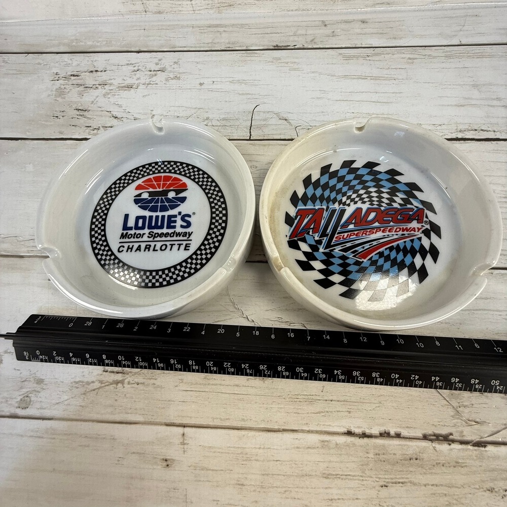 2 NASCAR Ashtray Lowes Motor Speedway Charlotte Talladega Superspeedway Ceramic